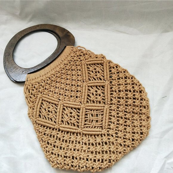 Cotton crochet tote bag with large wood handle - Picture 2 of 5